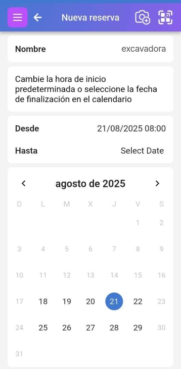 Interfaz de selección de hora para la hora de inicio de la reserva