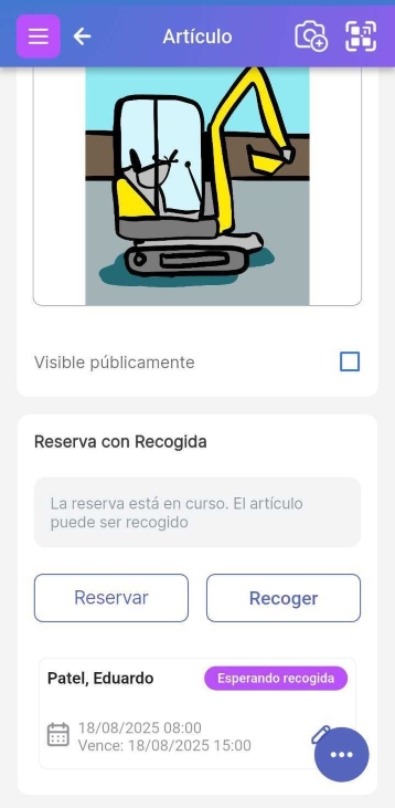 Parte inferior de la pantalla del artículo que muestra que hay una reserva en curso y que el artículo se puede recoger.