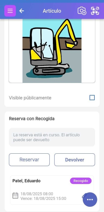 Parte inferior de la pantalla del artículo que muestra que hay una reserva en curso. El artículo se puede devolver.