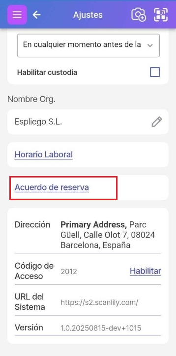 Enlace al acuerdo de reserva en la página de Configuración
