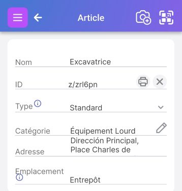 Champ d'identification montrant différents types de champs, y compris des codes QR et des codes-barres propriétaires.