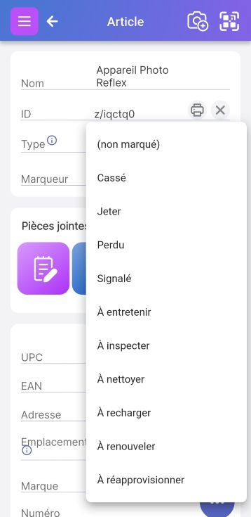 Écran d'article montrant le menu déroulant du champ "Signalement" avec des options d'état par défaut telles que "Cassé", "Perdu" et "Réapprovisionnement".