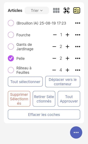 Page conteneur affichant des éléments avec des cases à cocher de sélection et des boutons d'action