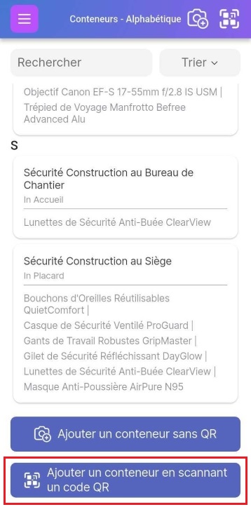 Image montrant comment ajouter un conteneur avec un code QR en cliquant sur le bouton QR en haut à droite ou en utilisant le