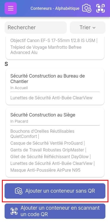 Image montrant comment ajouter un conteneur sans étiquette QR en sélectionnant l'icône Caméra+ ou en utilisant le