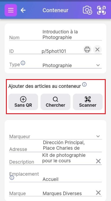 Page de conteneur affichant les options pour ajouter des éléments : Recherche, Scanner QR ou Sans QR