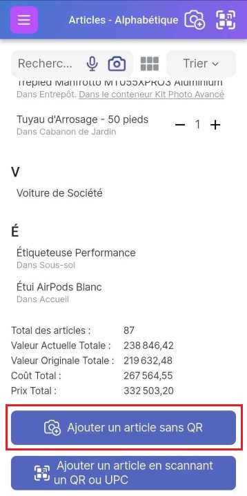 Image montrant un bouton mis en évidence pour ajouter un article sans QR code.