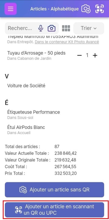 Image montrant le bouton "Ajouter un article en scannant un QR code ou un code UPC" en bas de la page de la liste des articles