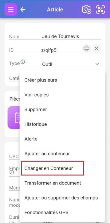 Image du menu inférieur droit ouvert avec l'option "Transformer en conteneur" mise en évidence.