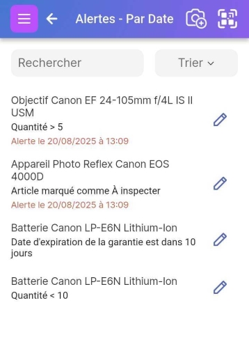 Écran affichant la liste des alertes actuelles. Visible en cliquant sur Alertes depuis le tableau de bord.