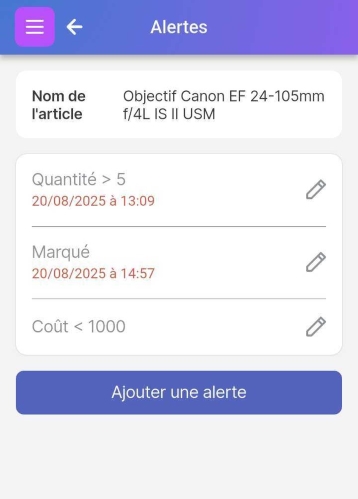 Page Liste d'alertes avec des alertes pour Signalé, Expiration dans 10 jours et Quantité < 10