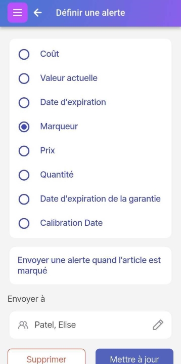 Écran Définir l'alerte montrant Drapeau comme option sélectionnée pour définir l'alerte