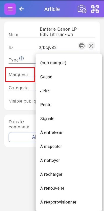 Menu déroulant de la valeur de l'indicateur cliqué sur la page de l'article, affichant les options d'indicateur par défaut : Cassé, Jeter, Signalé, Perdu, Nécessite un nettoyage, Nécessite une inspection, Doit être rechargé, Doit être renouvelé, Doit être réparé et Réapprovisionner