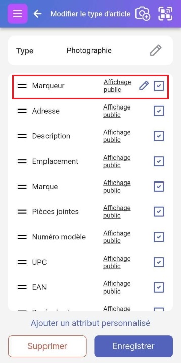 Page de modification du type d'élément avec les attributs listés, y compris l'attribut Indicateur (Flag) avec un crayon d'édition à côté.