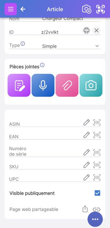 Image montrant les champs ASIN, EAN, Numéro de série, SKU et UPC avec une icône de scan de code-barres à côté, permettant aux utilisateurs de saisir ou de scanner des valeurs.