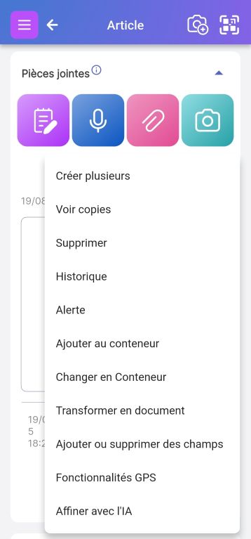 Bas de la page de l'article montrant un bouton bleu avec un menu à trois points ouvert