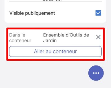 Image mettant en évidence l'endroit sur la page de détails de l'article qui indique que l'article se trouve dans un conteneur spécifique