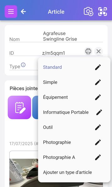 Image montrant le champ 'Type' avec des options déroulantes