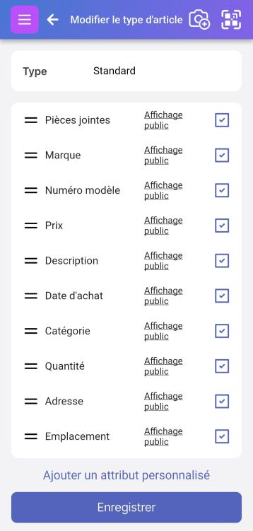 Image de la page Type d'élément montrant la section 'Attribut personnalisé' et le bouton 'Enregistrer' en bas. Inclut des exemples de champs avec différents états de Modification publique (activée/désactivée) et des icônes de crayon de modification visibles.