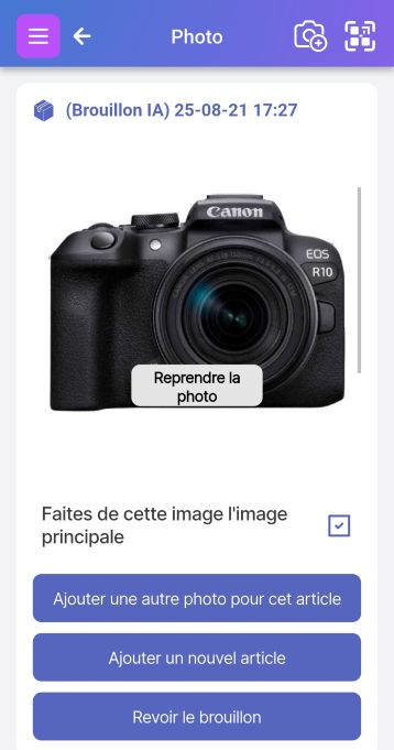 Écran affichant trois options : Ajouter une autre photo pour cet article, Ajouter un nouvel article et Revoir le brouillon