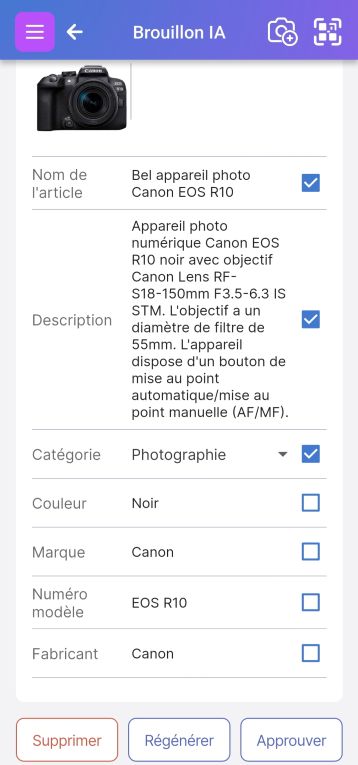 Écran de révision de brouillon d'IA montrant les champs et cases à cocher proposés