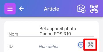 Page d'article sans code QR montrant le symbole de scan à côté du champ ID