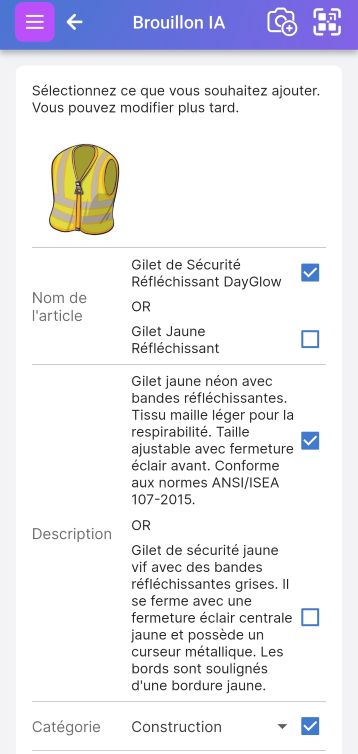 Écran des options d'affinage avec l'IA