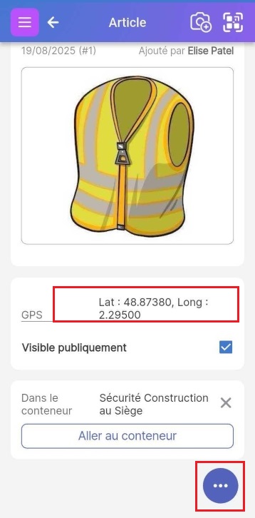 Image de la page d'article avec le champ GPS mis en évidence