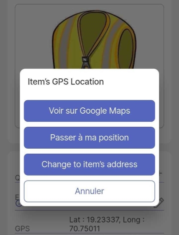 Image d'une fenêtre contextuelle qui apparaît si l'utilisateur clique sur le champ GPS ou l'option de menu.