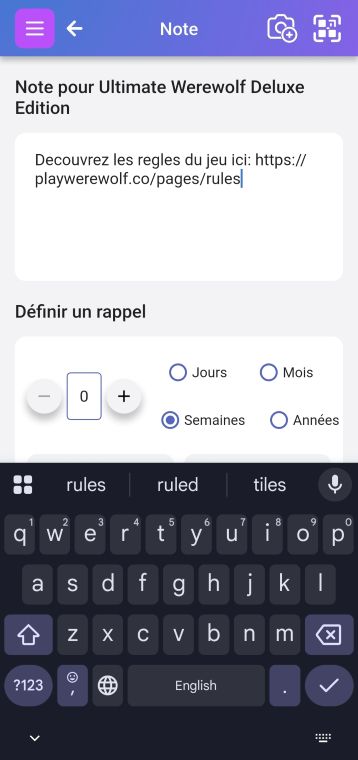 Saisie d'une URL dans le champ Note