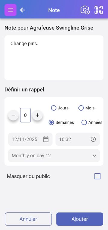 L'image montre la zone pour ajouter le rappel.