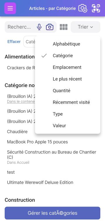Image de la page Liste d'articles (Articles) par Catégorie avec un menu déroulant affichant les options de regroupement, y compris par Catégorie