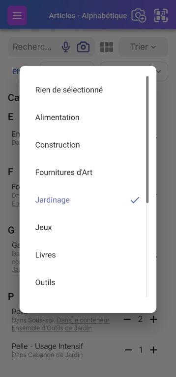 Image de la liste des catégories sélectionnée sur la page Liste d'articles
