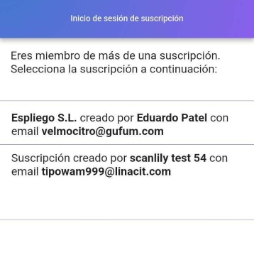 Pantalla de inicio de sesión de suscripción a la aplicación móvil que muestra las cuentas disponibles.