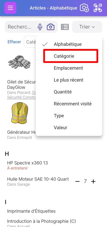 Page de liste d'articles montrant l'option Trier par catégorie