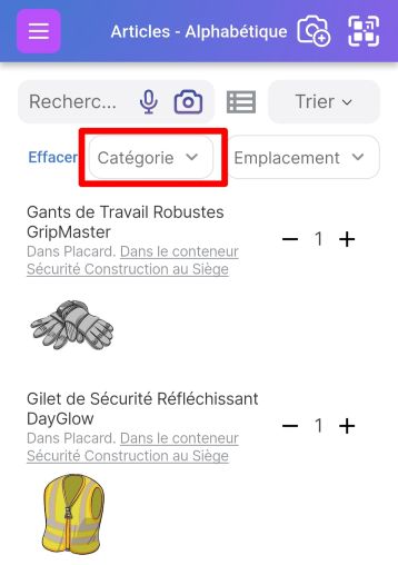 Page de liste d'articles montrant le filtre de catégorie dans la barre de recherche