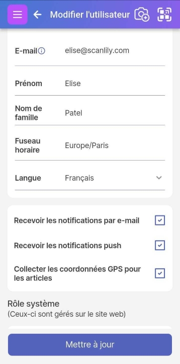 Image d'une partie des Paramètres->Profil utilisateur avec les paramètres d'activation/désactivation des notifications