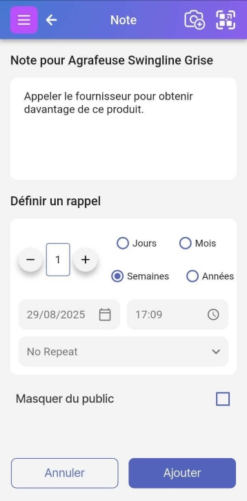 Écran pour ajouter des notes et définir des rappels