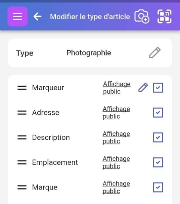 Page "Modifier le type d'élément" affichant les options d'activation/désactivation de la vue publique pour différents attributs