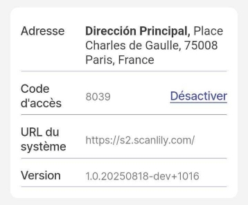 Page des paramètres avec le code d'accès affiché et