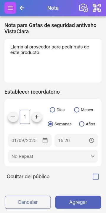 Pantalla para añadir notas y establecer recordatorios