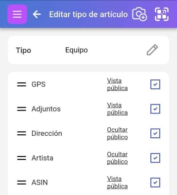 Página de Editar Tipo de Elemento mostrando las opciones de activación/desactivación de la Vista Pública para diferentes atributos.