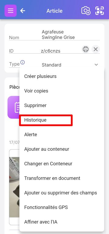 L'image montre une page d'article avec le menu contextuel affiché.