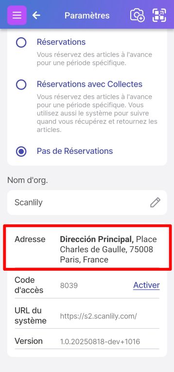 Image de la page Paramètres avec l'adresse affichée.