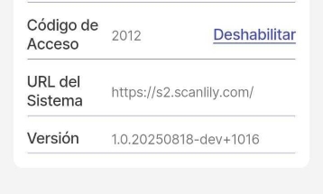 Página de ajustes con código de acceso mostrado y