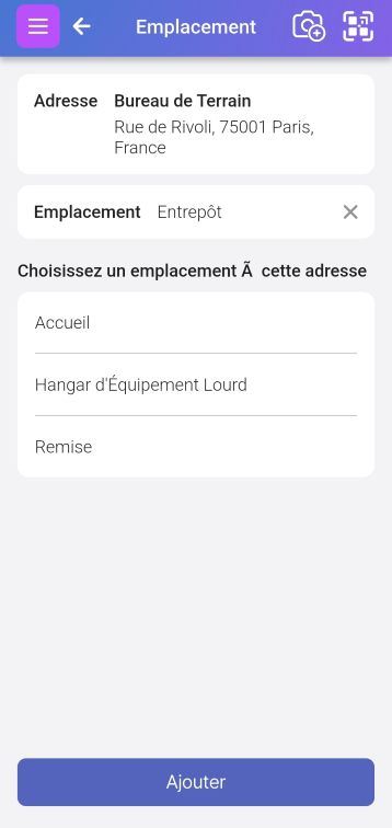 Image de la page Lieux, avec un lieu affiché et deux sélectionnables