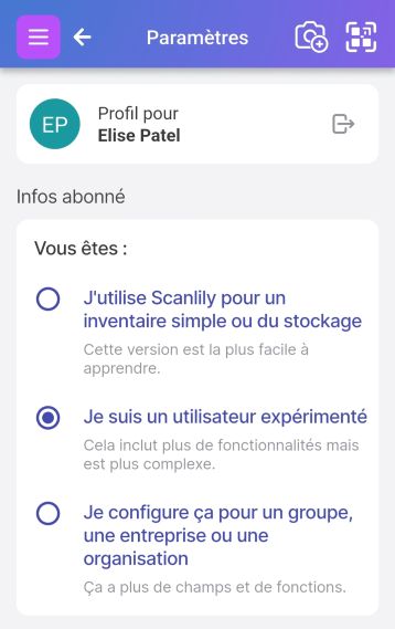 Options de configuration montrant les choix Inventaire simple, Utilisateur avancé et Groupe/organisation