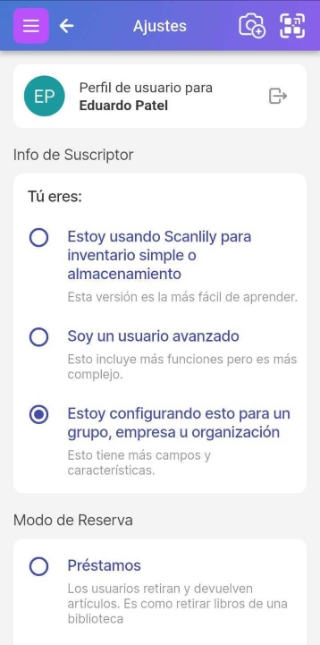 Parte superior de la configuración del perfil de suscriptor