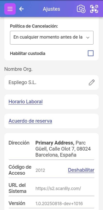 Parte inferior de la configuración del perfil de suscriptor que muestra las horas de trabajo.