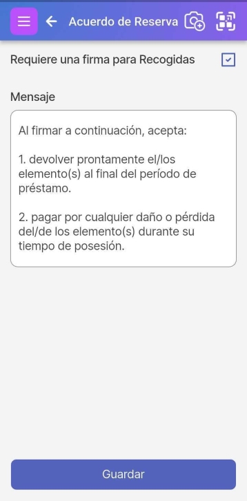 Sección de configuración del acuerdo de reserva